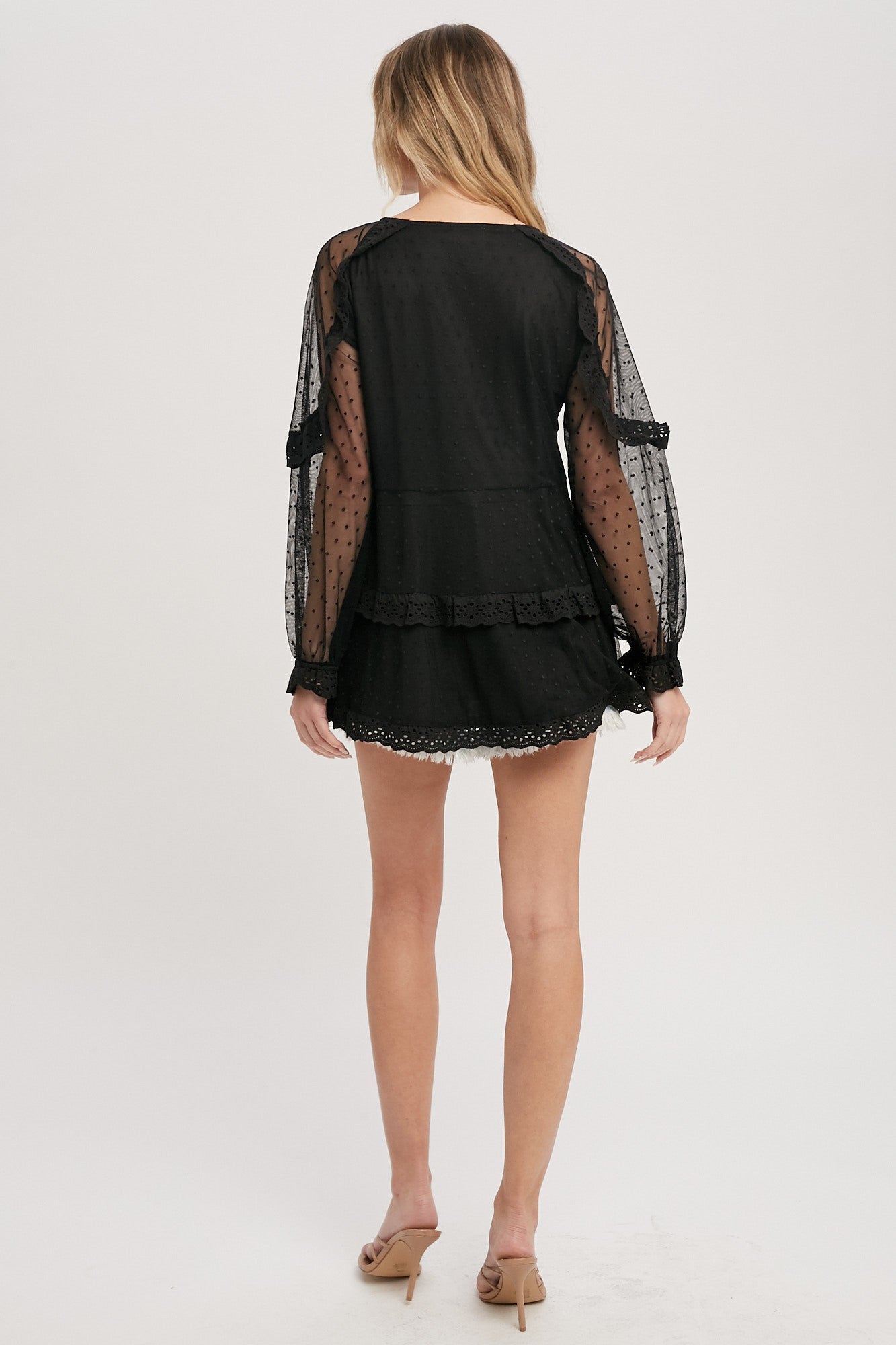 Dotted Tulle Lace Tunic Top- Black 