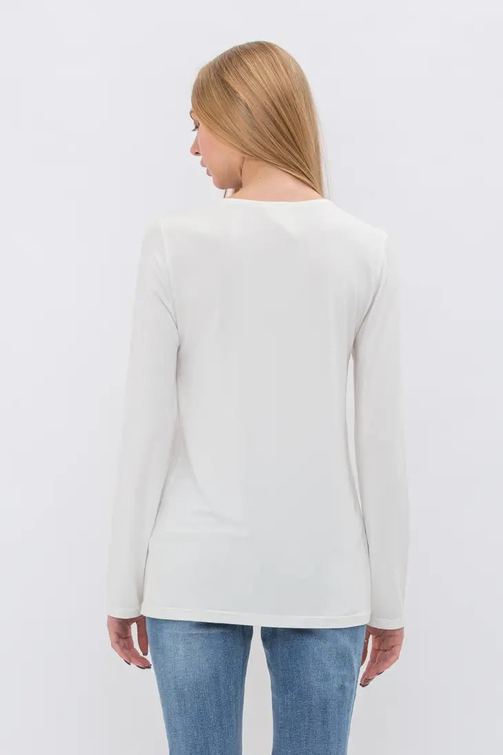 Bejeweled V-Neck Long Sleeve - White 