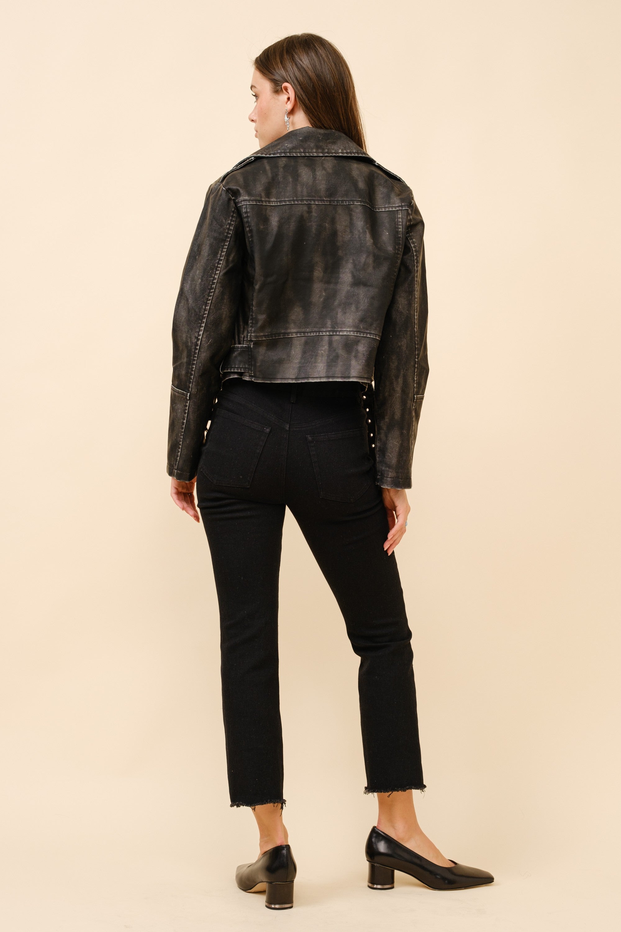 Washed Leather Moto Jacket- Black- 