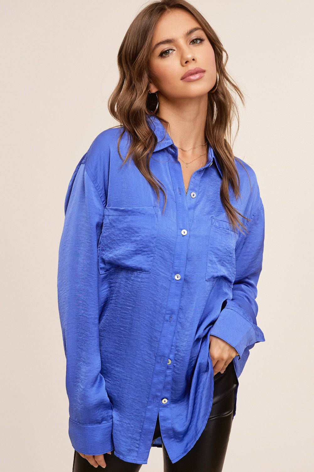 Hazel Button Down Silky Shirt- Royal Blue- 